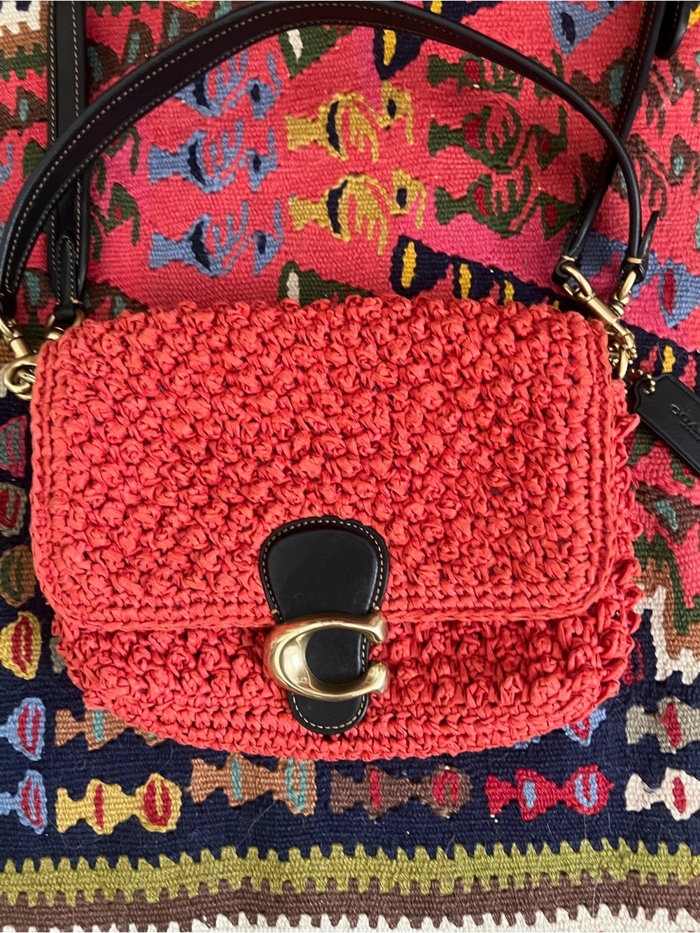Coach Soft Tabby Shoulder Bag Straw Raffia Coral Red Orange CA032